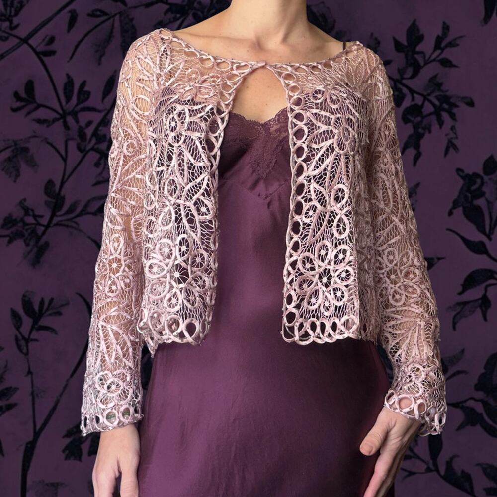 Silk Ribbon Lace Jacket Glass Beaded Blush Pink Whimsigoth Fairy XL